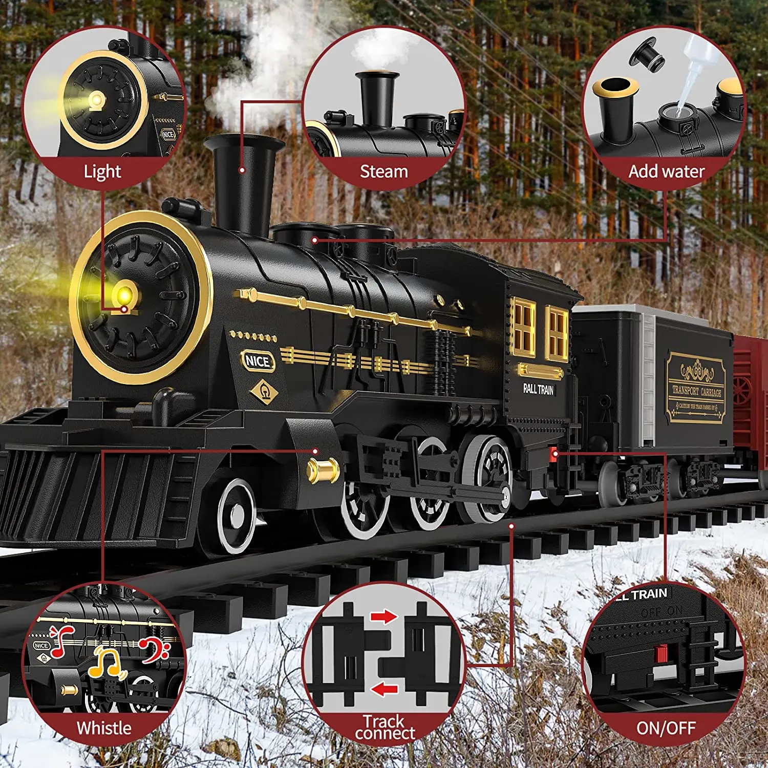 Conjunto de trem para crianças com luzes de fumaça e sons, trem de brinquedo  ferroviário elétrico com locomotiva a vapor En