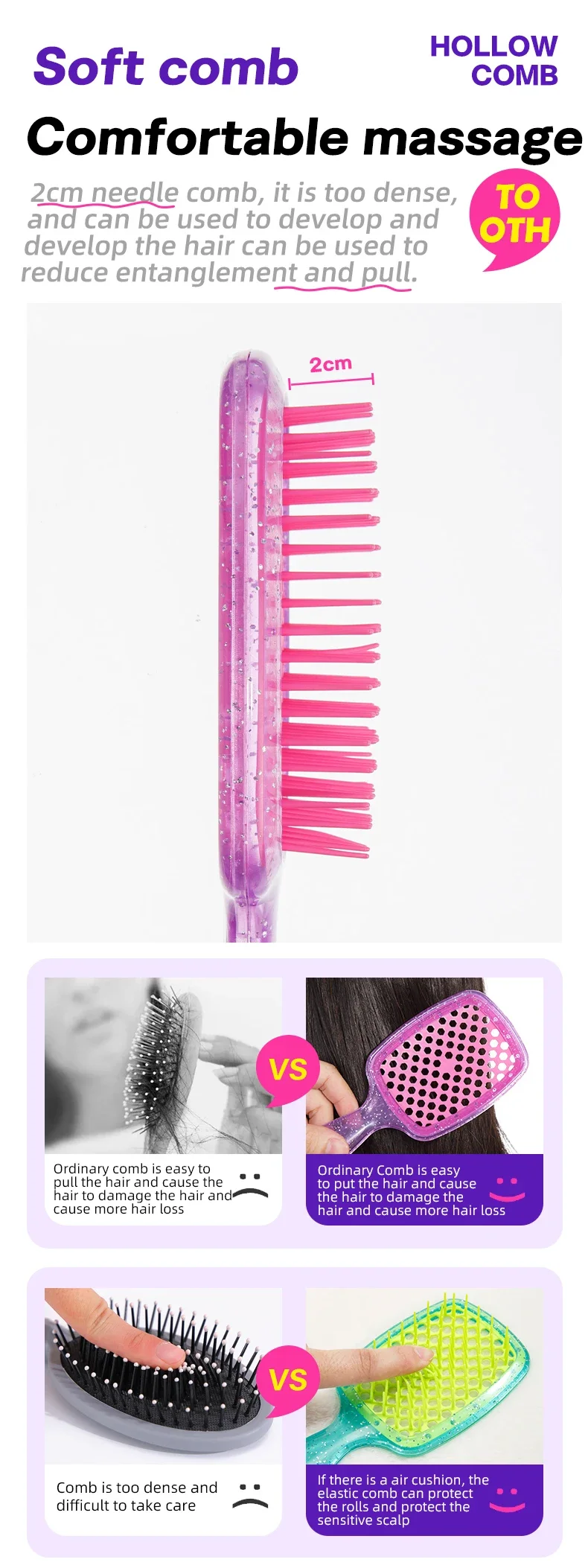 1 stücke WANMEI Breite Zähne Luft Kissen Kamm Bakhogold Kamm Haar Pinsel Anti-statische Hohl Haarbürste für Kopfhaut Massage zubehör – Detail 5