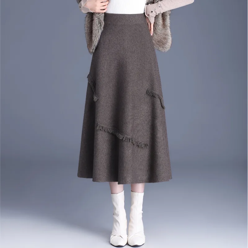 

#1749 Knitted Skirt Women Split Joint Tassels Elastic High Waisted A-line Skirt Female Vintage Office Knitwear Autumn Winter2023