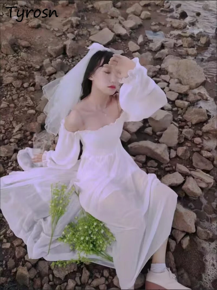 

Women Dress Princess Solid Mesh Dating Popular French Style A-line Mori Girls Summer Designed Flowing Stylish Harajuku Elastic