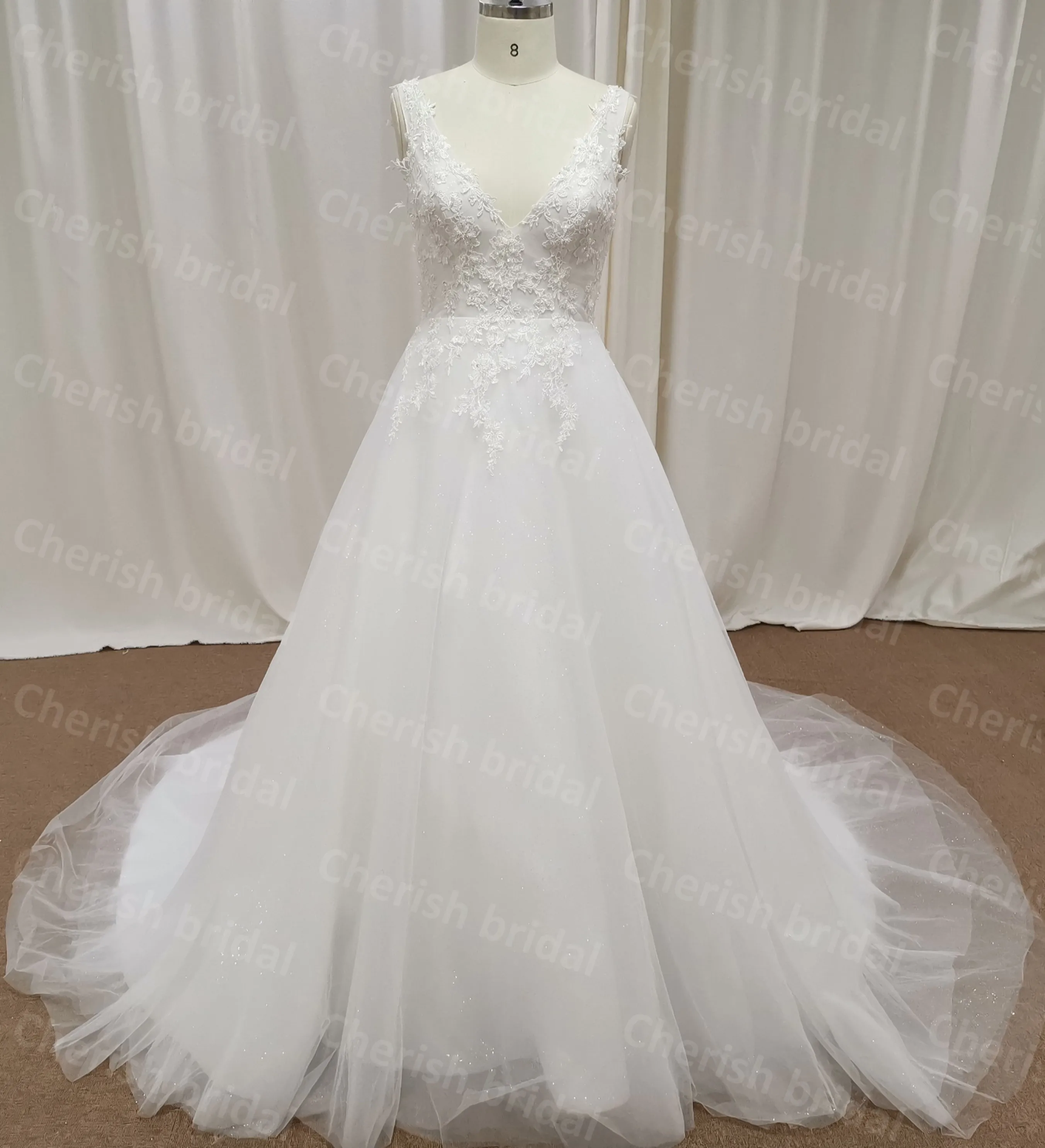 

C5046A Elegant V-neck Tank Sleeve Bridal Gown Women Wedding Dress, Lace Applique Open Back A-line Brde Dress for Women