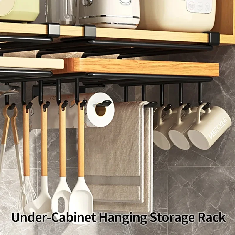 Installation-free Kitchen Cabinet Under Shelf No-Punch Large Capacity Storage Board Pot Cover Holder Towel Tissue Storage Rack