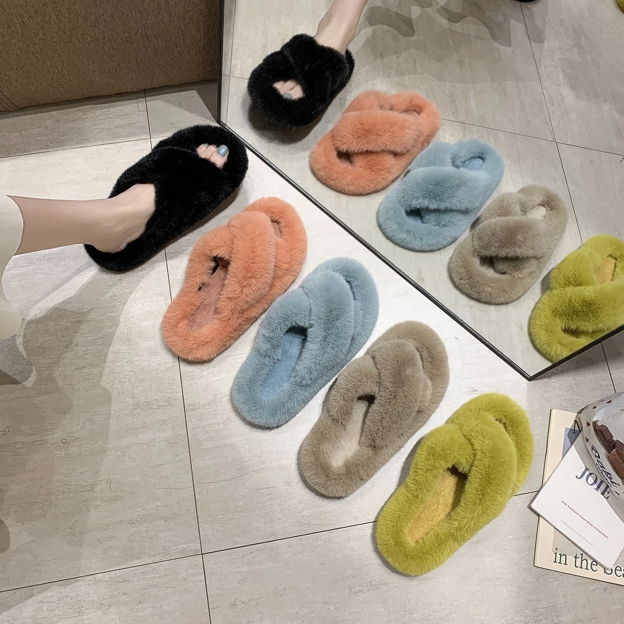 Thick Bottom Slippers Women Autumn and Winter New Korean Outer Wear Cross Slippers Home Furry Slippers|Slippers| -