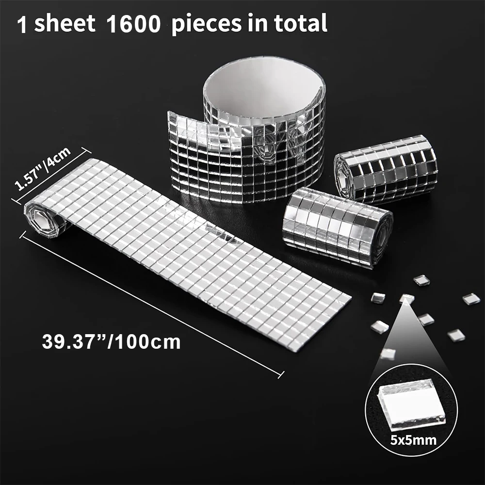 4x100cm Self Adhesive Mosaic Tiles 5x5mm Disco Tiles Square Mirror Mosaic Tiles for Interior Decoration DIY Art Collage
