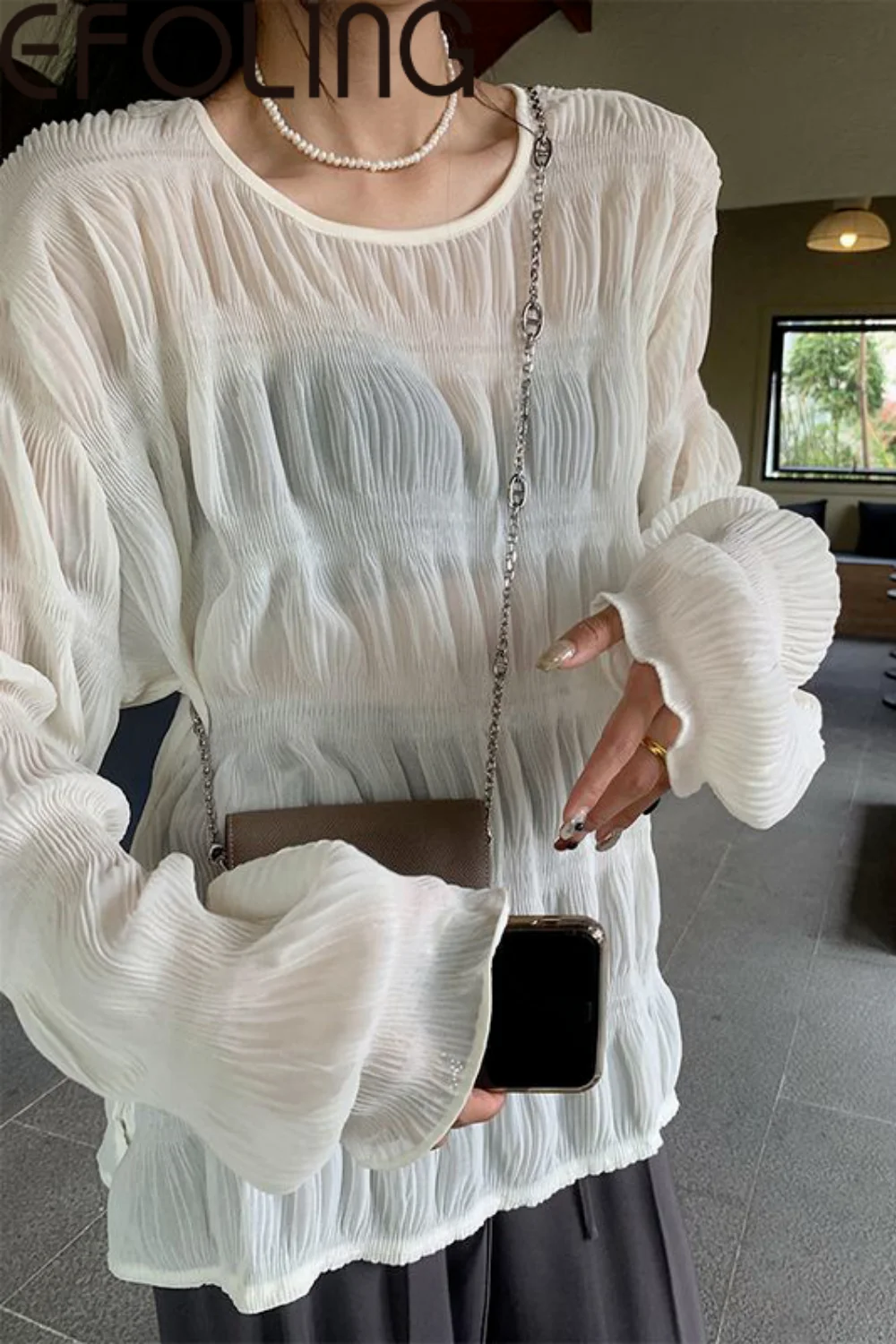 

Summer Long Sleeve T-shirt Women's Fashion Bubble Sleeve Loose Top High Quality Micro Transparent Casual Top Women