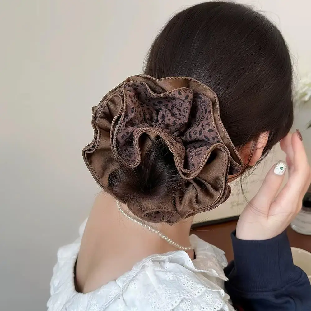 Retro Autumn Winter Leopard Print Scrunchies For Women Four-layer Large Elastic Hair Tie Fashion Ruffled Ruffle Hair Rubber Band