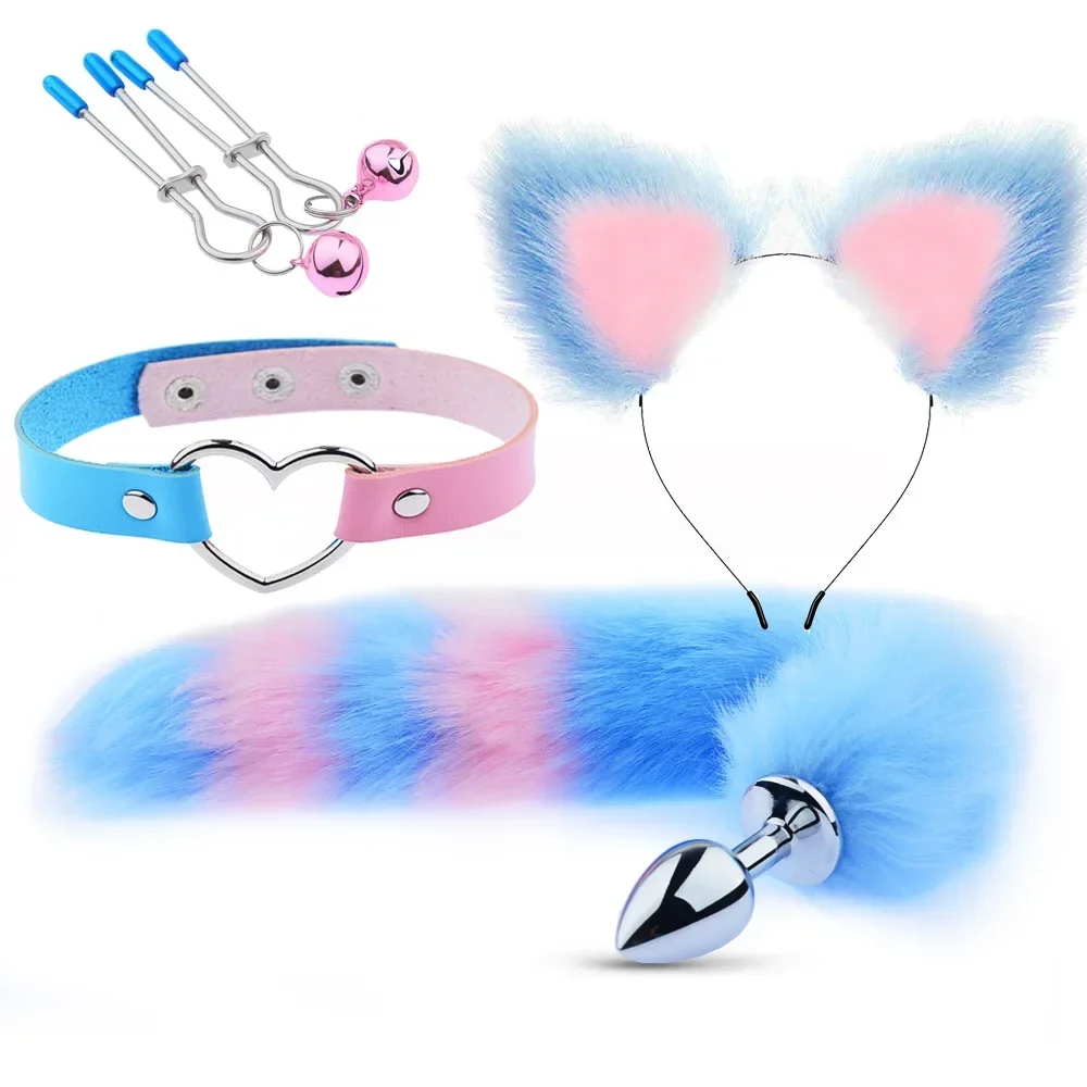 

4Pcs/Set Fox Tail Butt Plugs Women Anal Sex Toys Nipple Clamps Necklace Plush Cat Ear Headband Set Sex Toys for Couples Cosplay