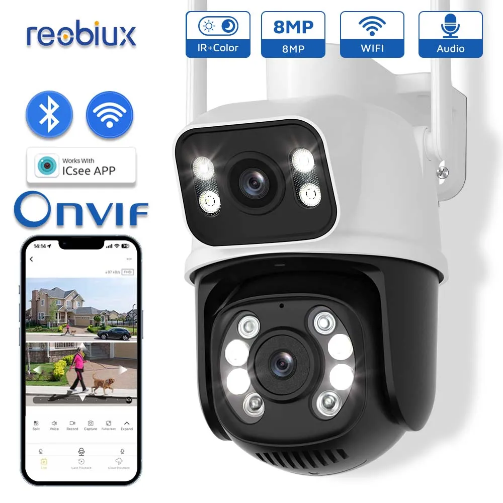 Reobiux Wifi Ptz Camera 8Mp Dual Lens Ip Cam Sorveglianza Esterna Cctv Dual Lens Camera Protezione Di Sicurezza Con App Icsee