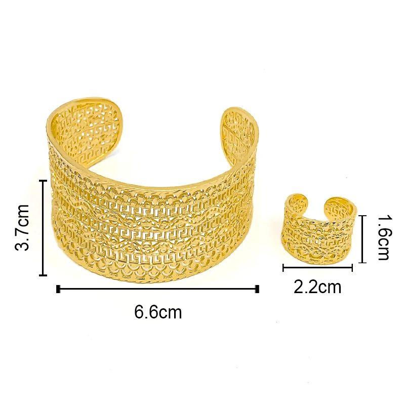 Manschetten-Armreif-Schmuck, hohl, 18 Karat vergoldet, Schmuckset für Frauen, Luxus-Muster, Armband, Ring, afrikanische Braut-Hochzeitsgeschenke – Detail 16
