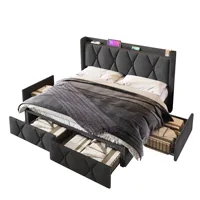 Мягкая кровать с функцией USB-зарядки, изголовьем и 4 ящиками, двуспальная кровать, каркас кровати для хранения вещей, деревянное решетчатое основание. — изображение 6