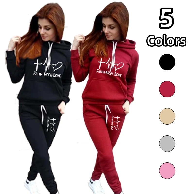 NEW Women Fashion Two Pieces Tracksuit Set Printed Sport Suit Autumn/winter Hoodie + Trousers Set Jogging Suit Track Suits velvet trousers solid women elastic bottoms tracksuit autumn winter warm straight sweatpants black jogging korean pantalone