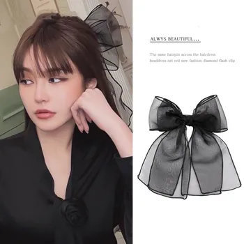 New Fashion Premium Black Satin Barrettes Bow Hair Clip Temperament Hair bow Ribbon Ponytail Clip For Women Top Hair accessories 4