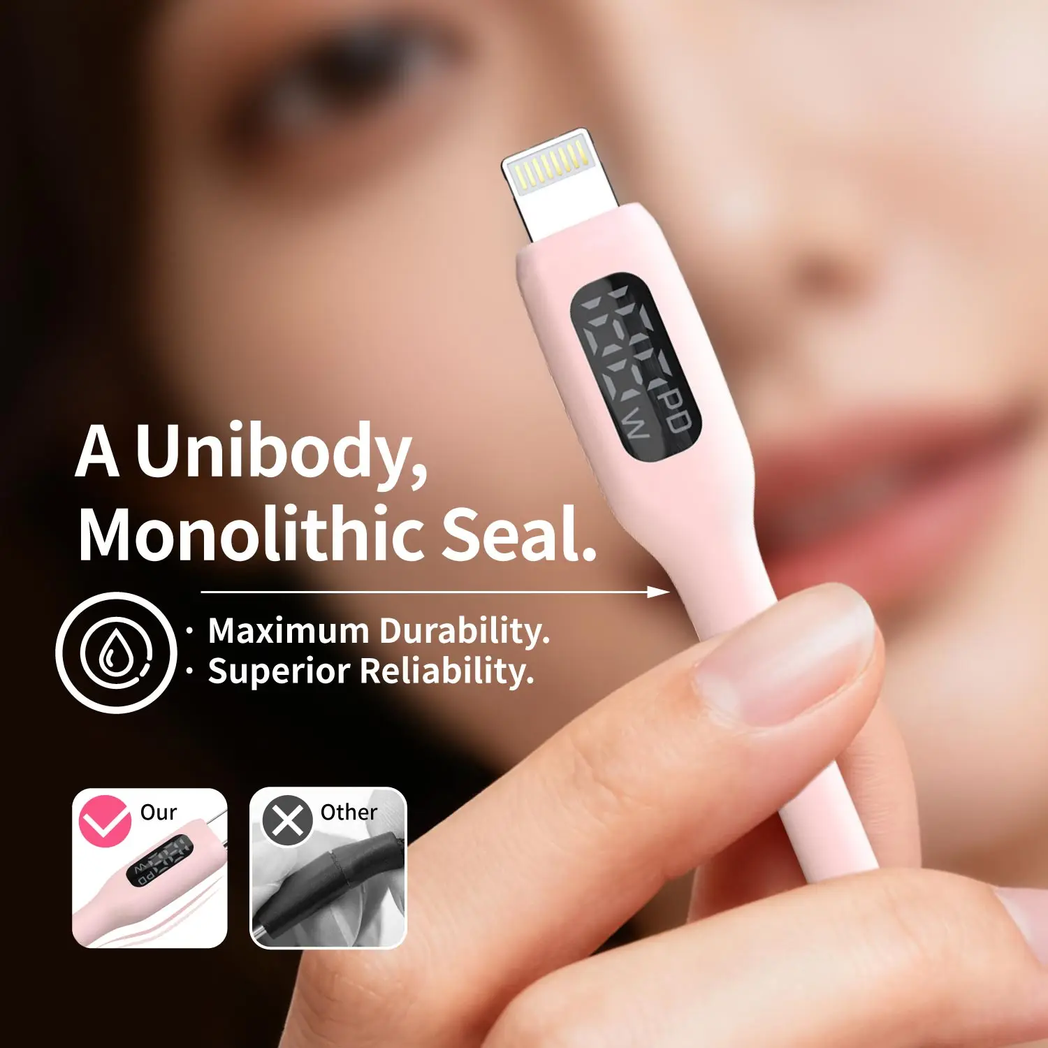 MFi Certified Fast Charging USB C to Lightning Cable with LED Display - Cute Macaron Pink Silicone