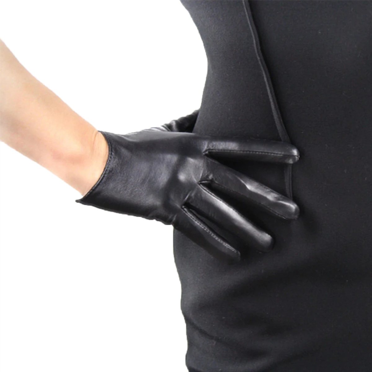 

Women's Real Leather Short GLOVES TECH Touchscreen Black/White Genuine Lambskin Sheepskin 16cm Sports Outdoor Driving Glove