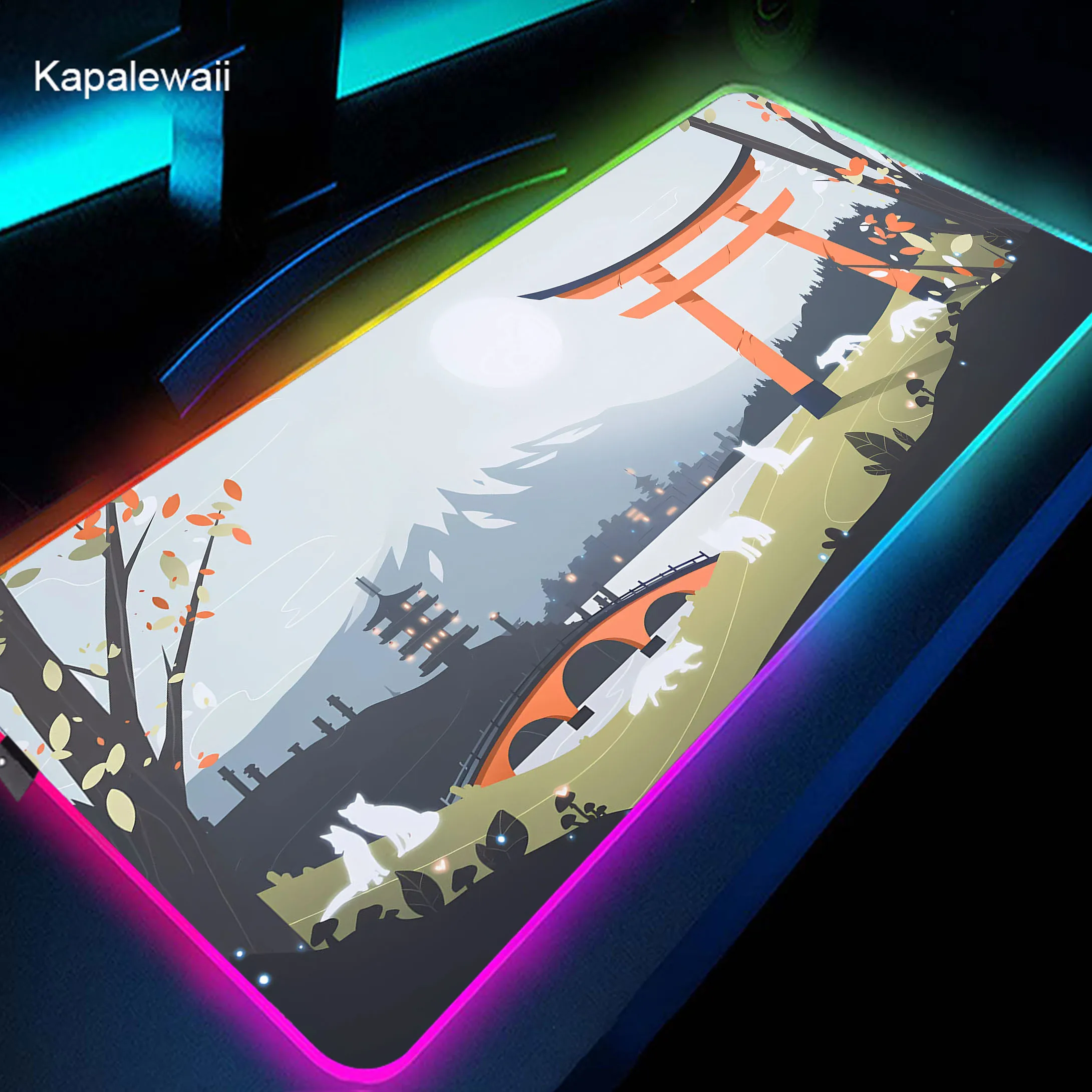 

Japanese Art Large Gaming Mouse Pad RGB Mousepad Computer Gamer LED Mouse Mat Locking Edge Rubber Carpet XXL Backlit Deskmat