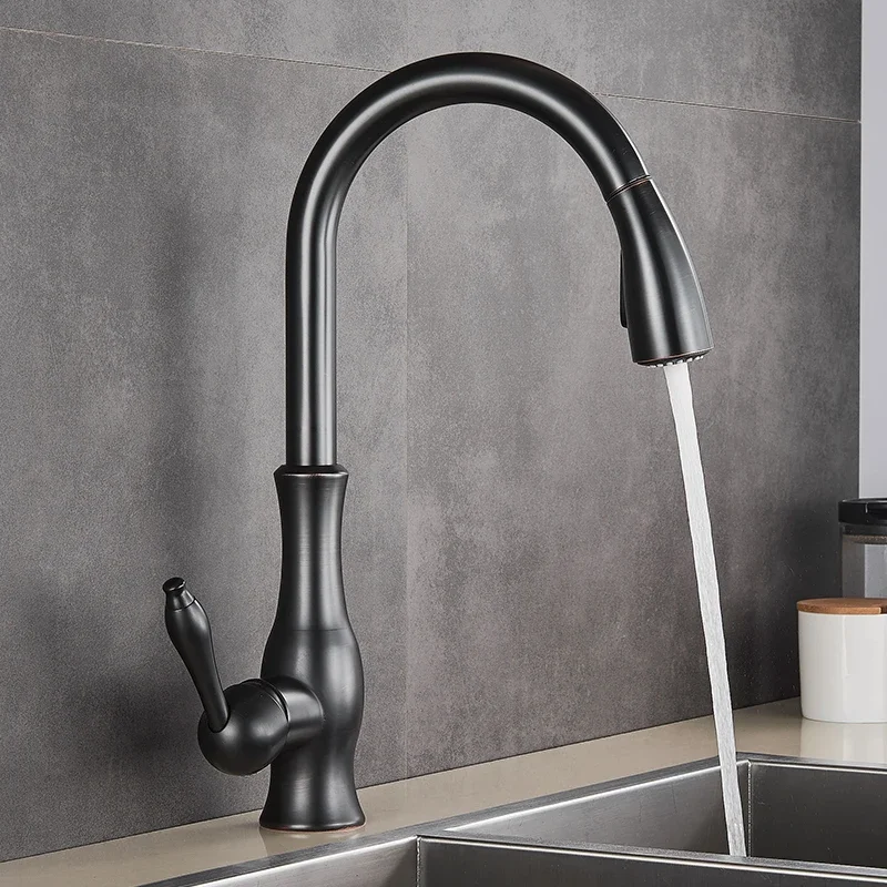 

Black Kitchen Faucets Pull Out Sink Mixer Tap Single Lever Water Crane For 360 Rotation