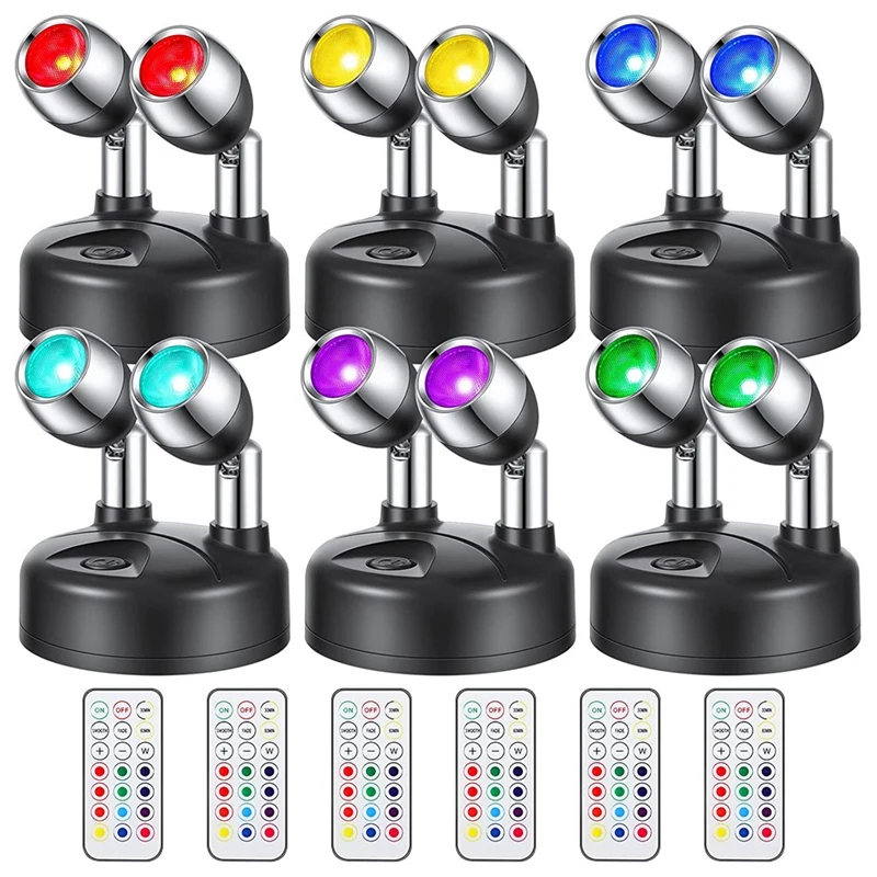 

6Pcs 13 Color Battery Operated Spotlights Indoor Dual Head Wireless LED Spotlight RGB LED Accent Lights With Remote B