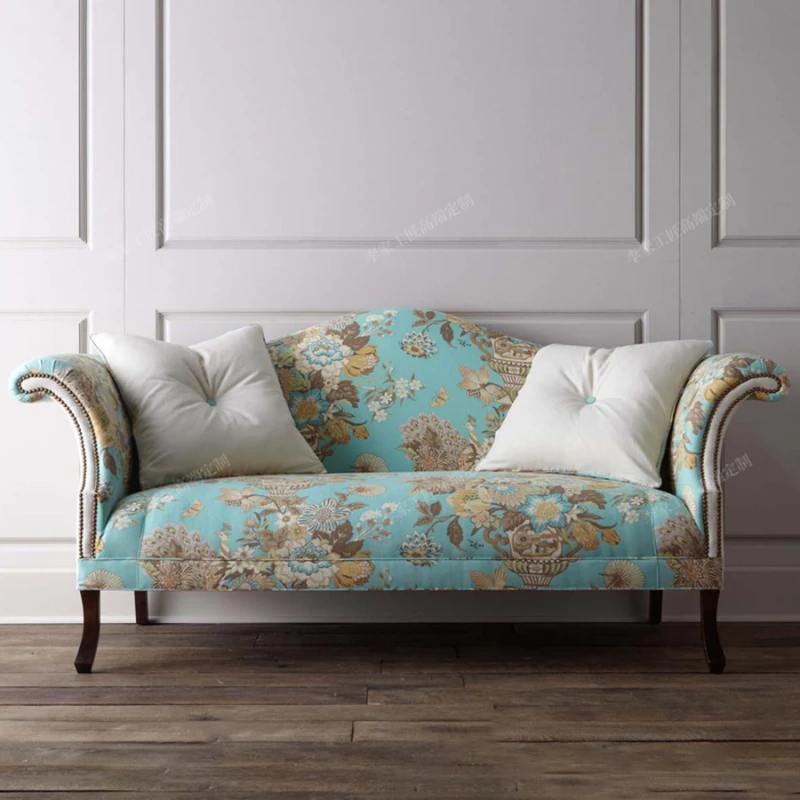 

Living room two person three person fabric sofa combination European style solid wood furniture modern small unit leisure chair