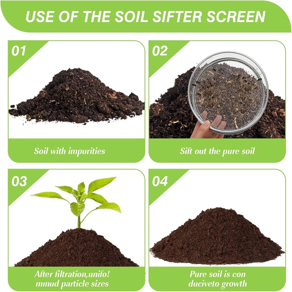 XMLX 3PCS Soil Sifter Set with 5mm, 3mm, 1mm Mesh-Rock Garden Sieve for Gardening, Bonsai, Beach, and Gravel