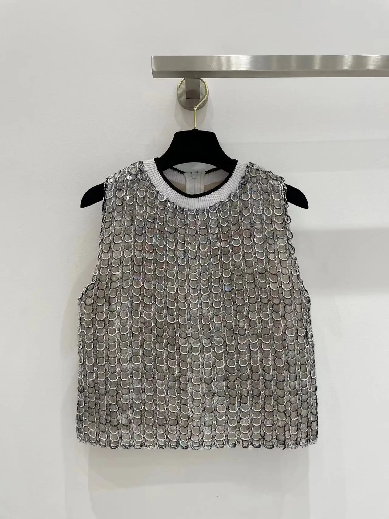 

HIGH STREET Newest Fashion 2023 Designer Runway Sequins Suits Women's O-Neck Loose Vest + Mini Waist Elastic Shorts Gray Suit