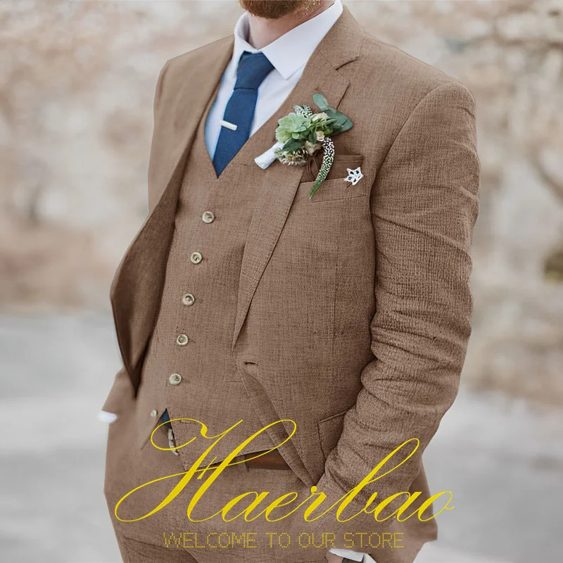 Summer Men Suit Wedding Linen Jacket Vest Pants 3 Piece Set Beach Party Tuxedo Formal Groom Outifi Handsome Clothes