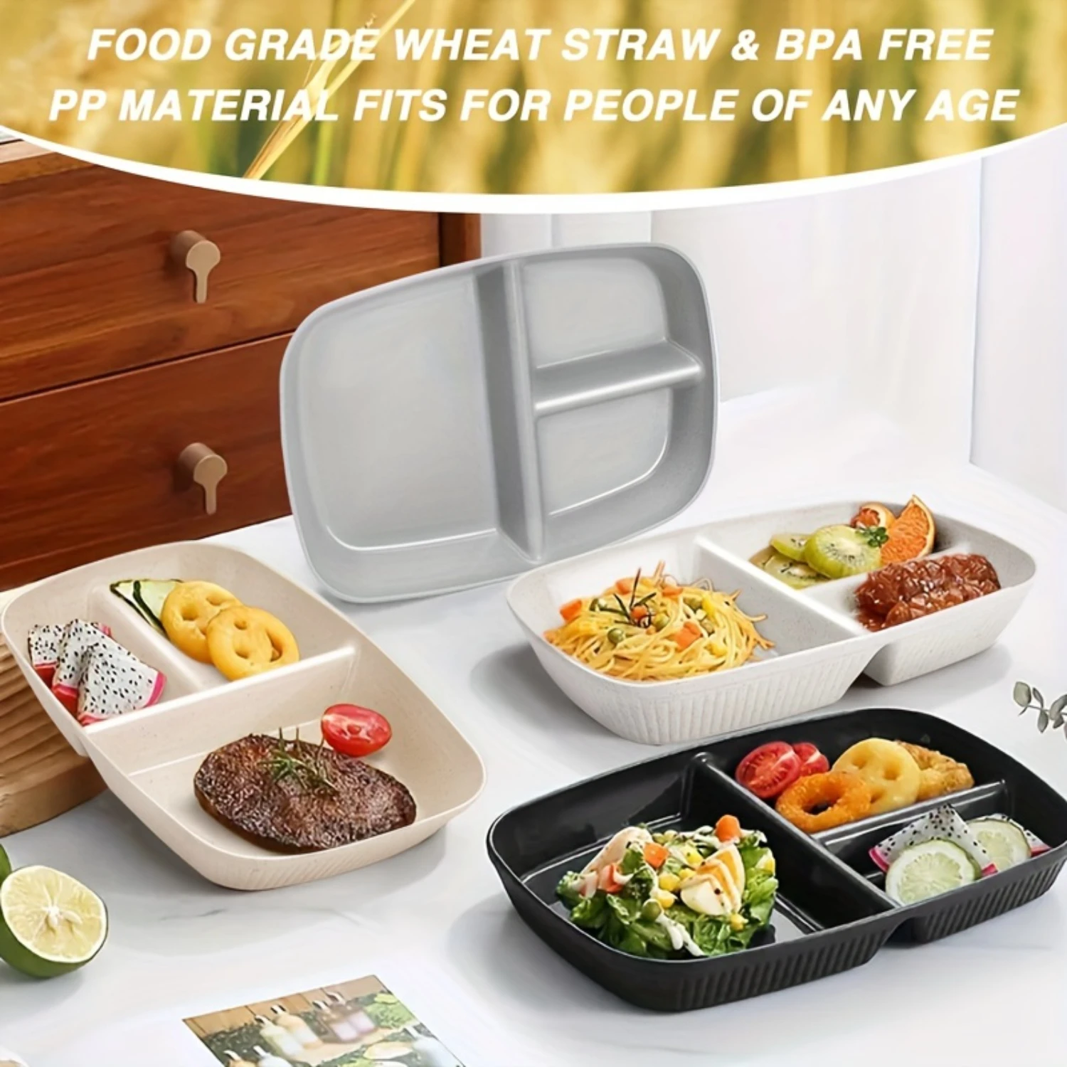 Food Grade Wheat Straw & BPA Free PP Divided Plates with 3 Deep Sections for Adult Meals Perfect for Salads, Pasta, and More