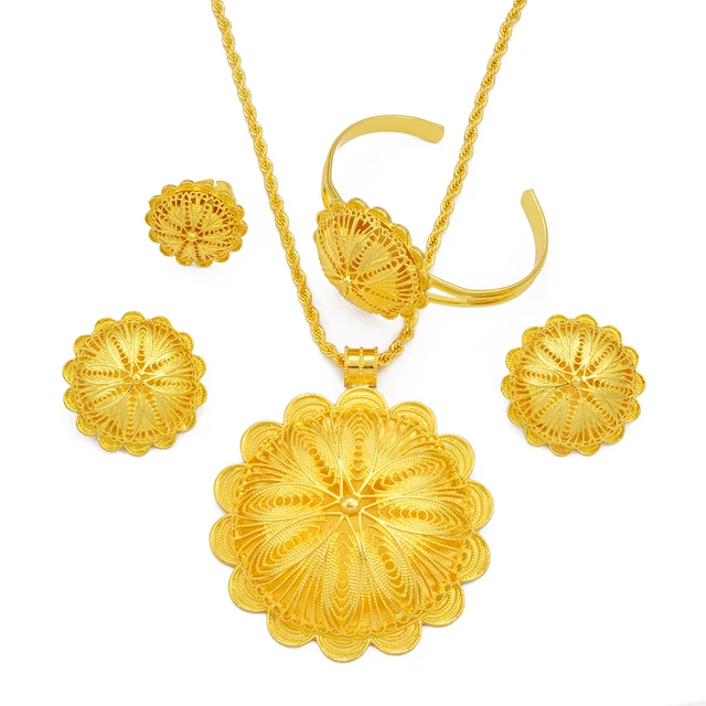 Anniyo 7.7cm Big Pendant Necklace Earrings Bracelet Rings African Ethiopian Jewelry Sets Eritrean Arabic Wedding Decor  #155216R 5