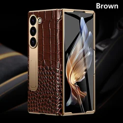 LANGSIDI Leather Gold Plating Magnetic Hinge Stand Case with Mirror Film for Galaxy Z Fold 4 (Crocodile grain)