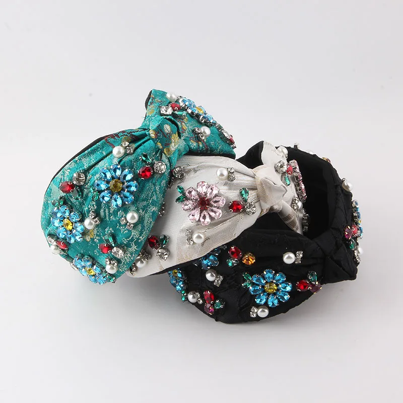 New Fashion European and American Floral Fabric Diamond-Embedded Luxury Headband Party Beautiful Hair Accessories for Women