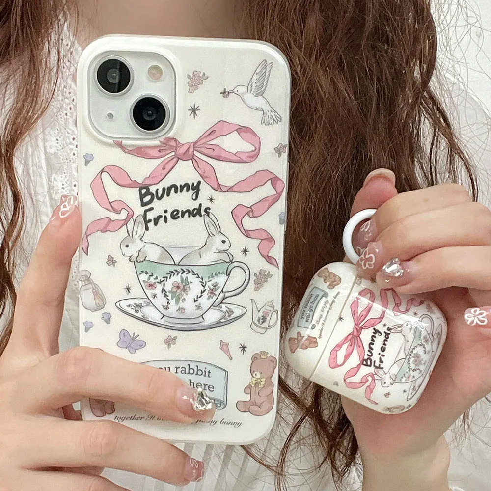 Korean Cute Pink Ribbon Bowknot Rabbit Earphone Case For