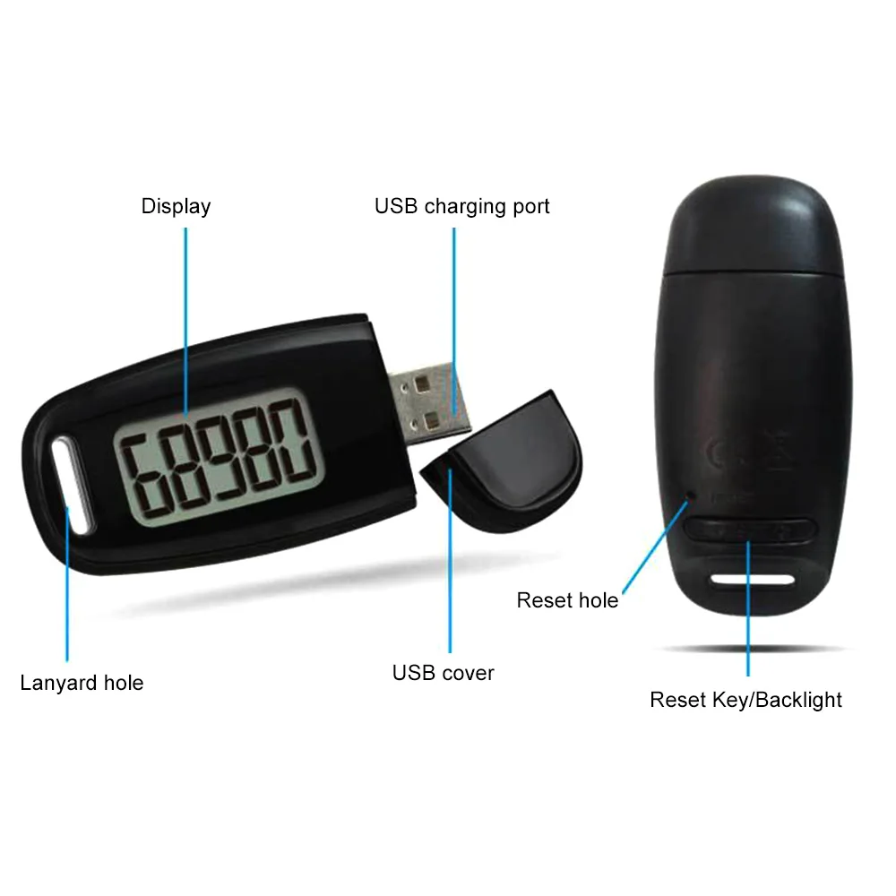 Accurate Fitness Tracker USB Charge Walking 3D Pedometer with Clip and Lanyard for Step Fitness Camping Hiking Sports
