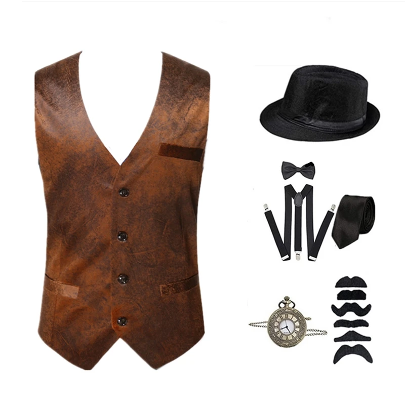 1920s Costume Accessories Set Steampunk WaistCoat Gangster Vest Pocket Watch 1920s Men Gatsby Cosplay Beard