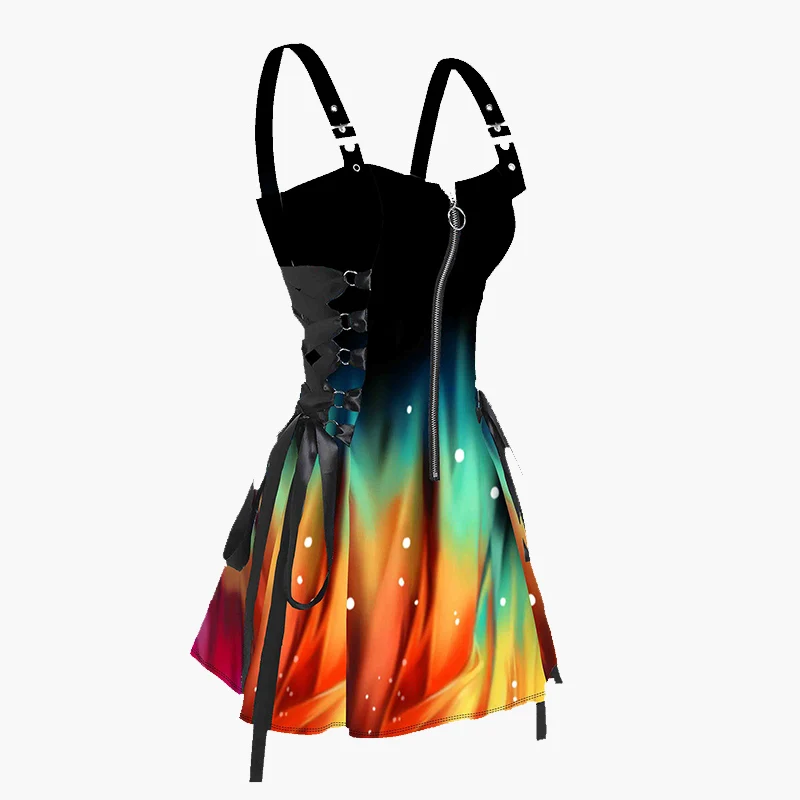 

Women Mini Dress Galaxy Colorful Print Lace Up Half Zipper Adjustable Buckle Strap Dress A-Line Casual Summer Dresses vestidos