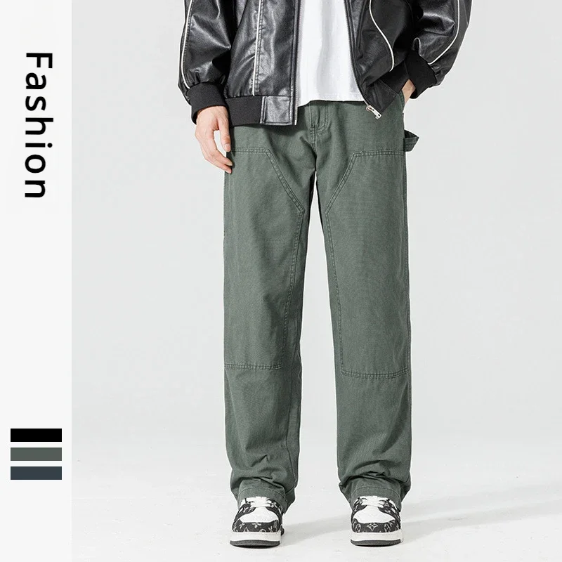 

Men's Cotton Straight Pants Outdoor Casual Loose Trousers Spring Autumn Solid Sweatpants Male Oversize Work Pants Green Black