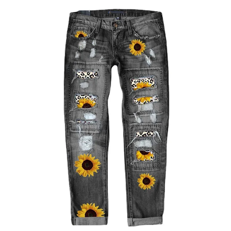 Women Ripped Jeans Elastic Frayed Raw Hem Distressed Denim Pants Skinny Sunflower Leopard Print Long Jeans Ladies Trousers