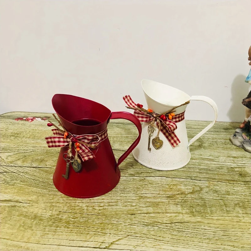 Flower Vase Bucket Bow Heart Pendant Can Farmhouse Rustic Jug For Centerpiecess Country Iron Pitcher Planter Jug-A Easy Install 5