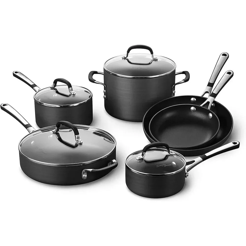 

Cookware, 10 Piece Set, Non Stick Pot, Stainless Steel Handle, Easy To Clean, Black, Cookware Set