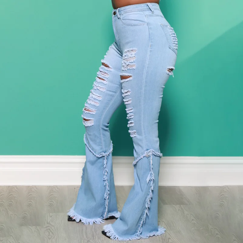 Plus Size Women Jean Ripped Patchwork High Waist Denim Trouser 2022 Autumn Female Outfit Winter Casual Fashion Flare Pants