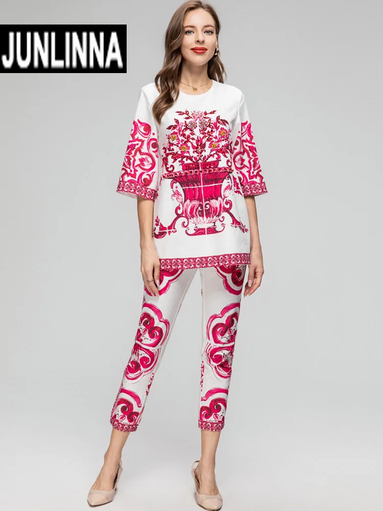 

JUNLINNA Fashion Red Porcelain Printing Two Piece Set Spring Summer Women Beading T-shirt+9/10 Long Trousers Pants Suit