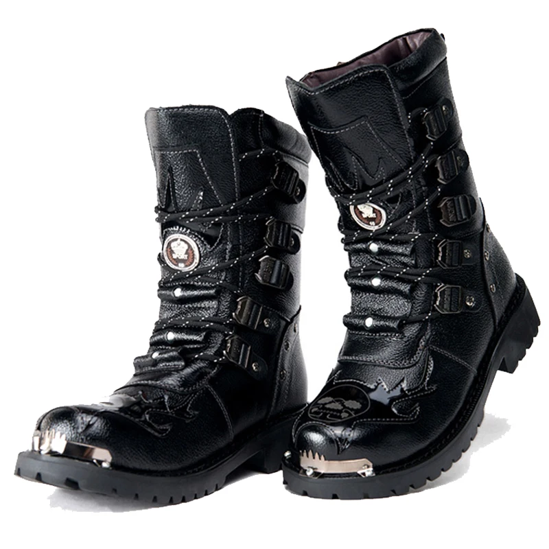 Winter Men Motorcycle Boots Mid-Calf Punk Rock Genuine Leather High Top 38-46