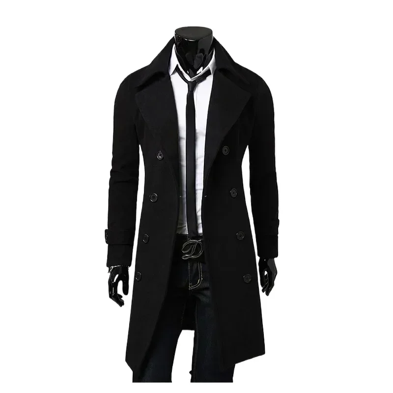 Mens Double Breasted Trench Coat Wool Blend Autumn Winter Solid Casual Slim Fit Long Jacket Wool Coat Fashion Mens Clothing wool overcoat