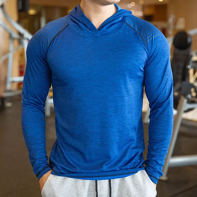 Autumn Gym Men T Shirt Casual Long Sleeve Slim Tops Tees elastic T-shirt Sports Fitness breathable Quick dry Hooded T Shirt 3