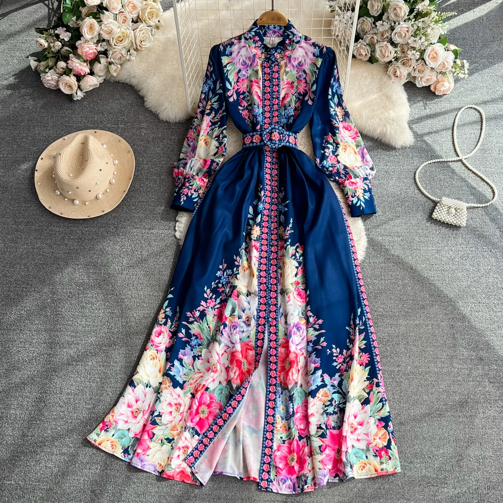 

Vintage Palace Style Standing Neck Lantern Sleeves Waist Wrapped Single Breasted A-line Printed Dress Elegant Dress Long Dress