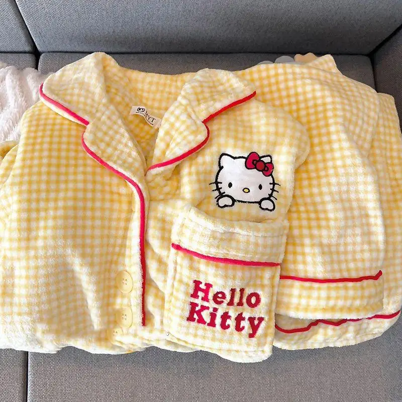 Hello Kitty Pajamas Long Sleeves Flannel Suit Thicken Tracksuit Comfortable Skin-Friendly Girlfriend Gift