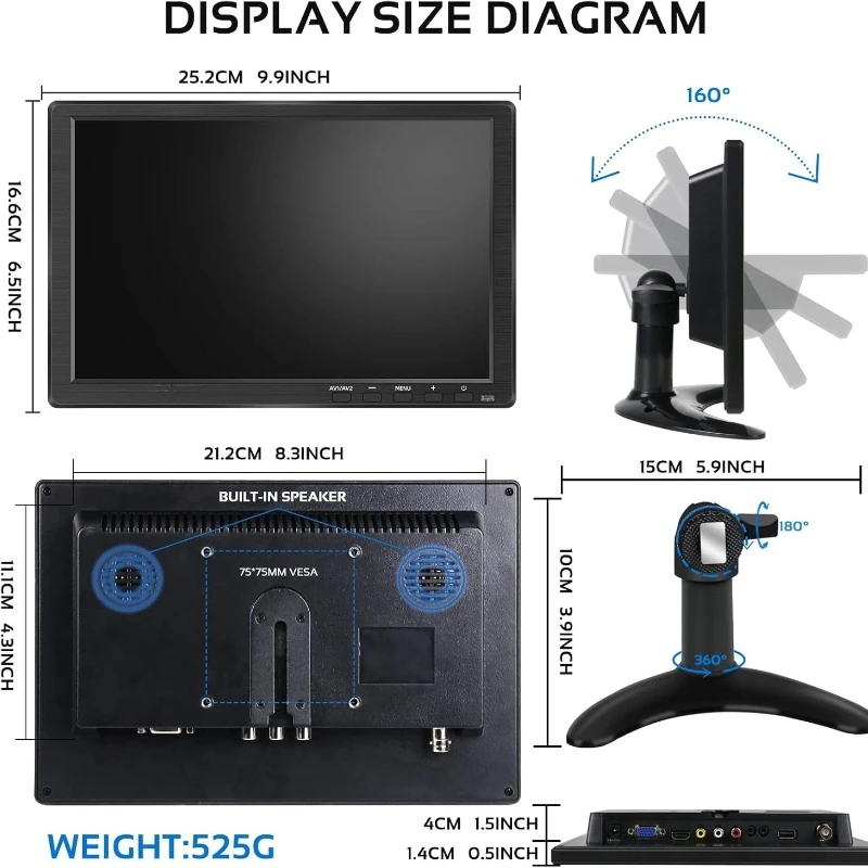 10.1인치 소형 모니터 풀 IPS 스크린 휴대용 HDMI VGA BNC AV USB 오디오 비디오 디스플레이 포트 탑재 노트북 컴퓨터 PS3 PS4 Xbox 호환