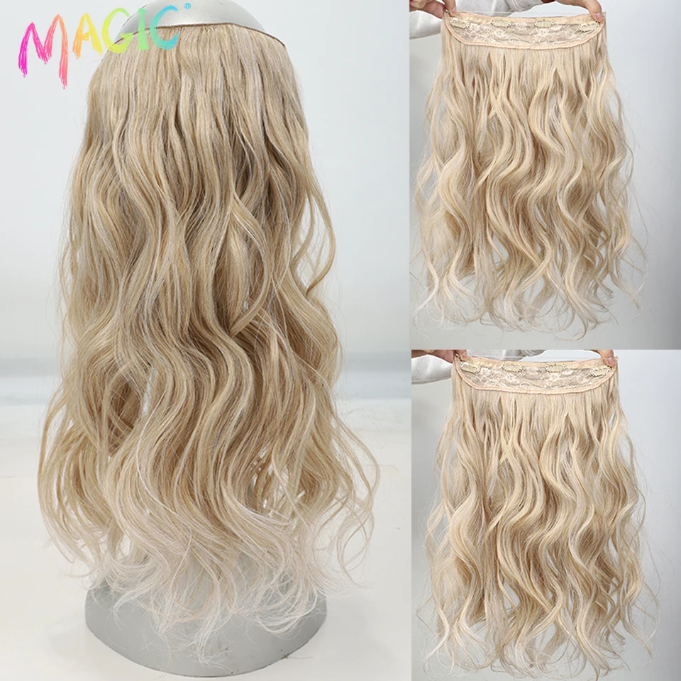 Synthetic Hair Clip in Hair Extensions 20 " Wave Invisible Fish Line Ombre Blonde One Piece Fake Piece Wig For Women