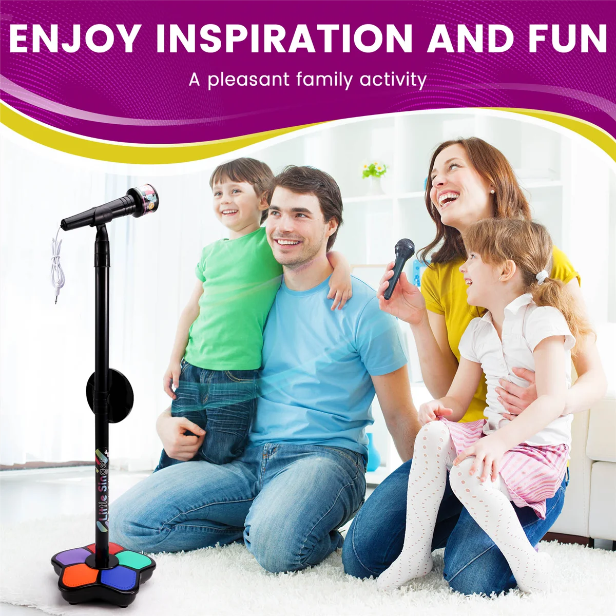 Kids Microphone with Light Stand Toy,Height-Adjustable Microphone,Brain-Training Educational Toys Birthday Gift Black