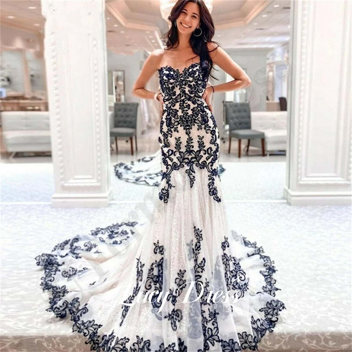 

Lucy Wedding Dress Black Decal Luxurious Evening Dresses for Prom Mermaid Strapless Gala Dress Woman Elegant Gown Ball Gowns