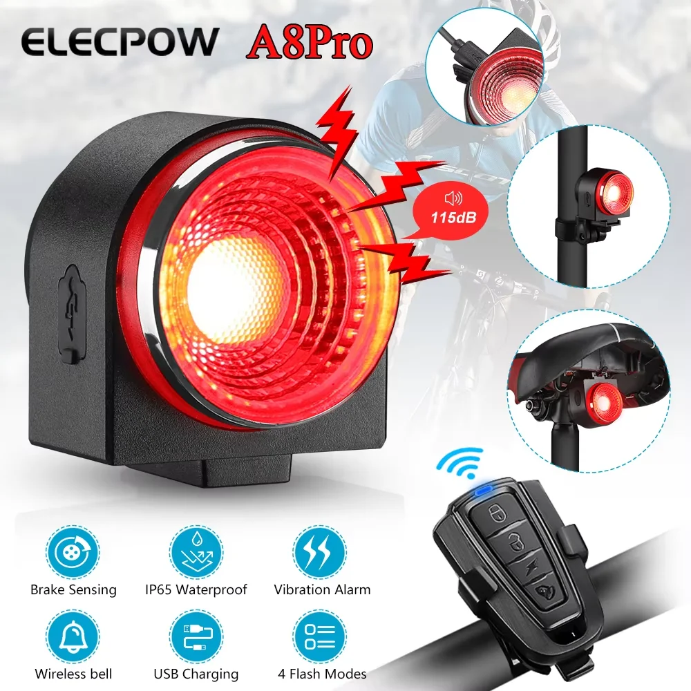 Elecpow A8Pro Bike Alarm Taillight USB Charging IPX65 Waterproof Bicycle Taillight