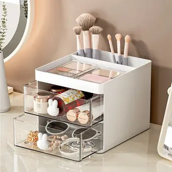 1PCS 2-laye Creative Pen Holder Transparent Drawer Rabbit Storage Box Children Girls Student Office Bedroom Desktop 1